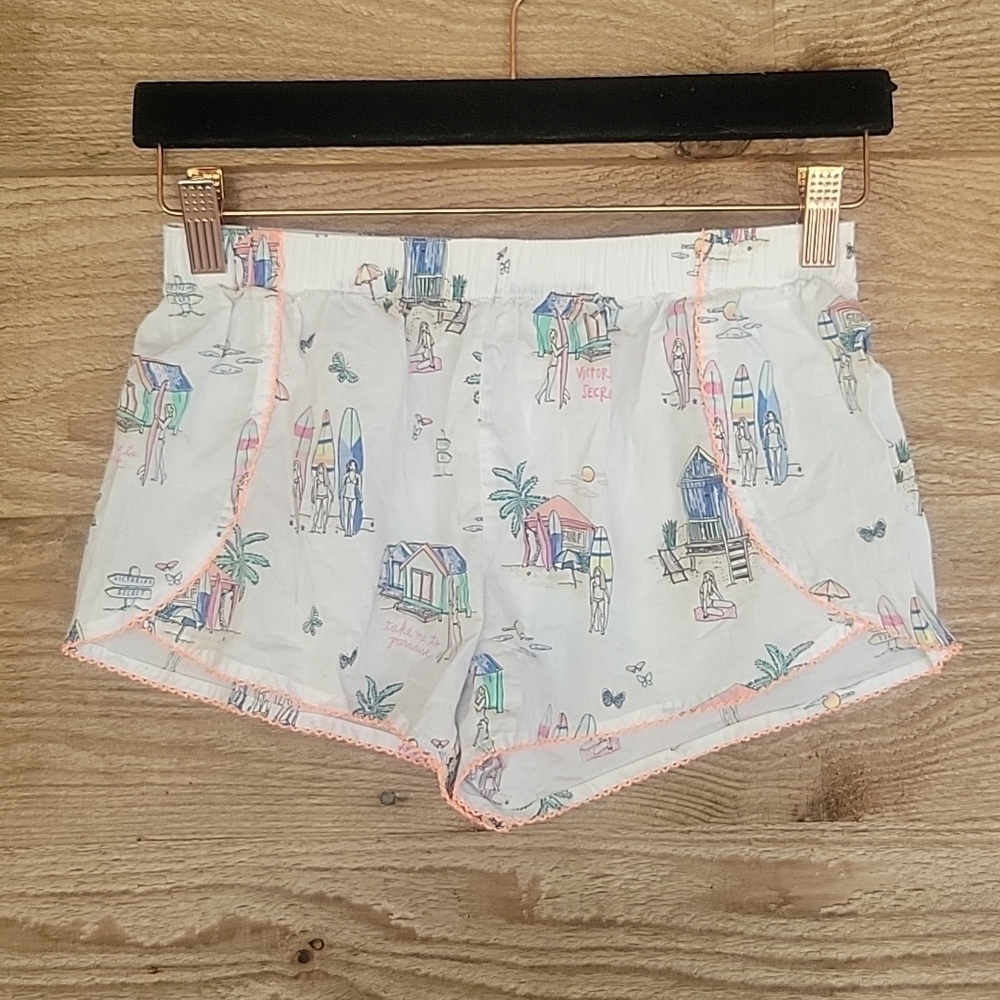 Victoria's Secret White Shorts with Beach Print and Coral Trim Size XSmall